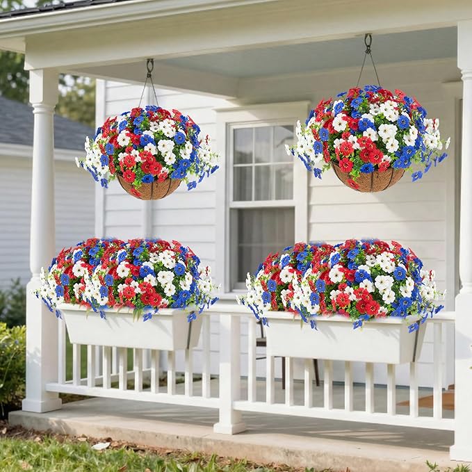 Hananona 2 Set Artificial Outdoor Flowers with Hanging Basket, 2 Hanging Planters with 24 Pcs Flowers for Summer Front Porch Garden Patio 4th of July Home Decor (2, Red, White, Blue)