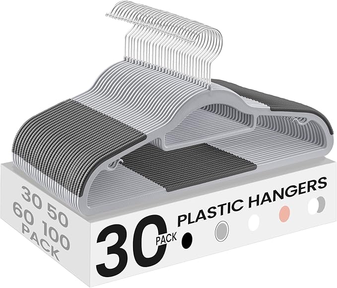 SONGMICS Pack of 30 Coat Hangers, Space-Saving Plastic Clothes Hangers, Non-Slip, 0.2 Inches Slim, 16.5 Inches Wide, 360° Swivel Silver Hook, Light and Dark Gray UCRP20G30