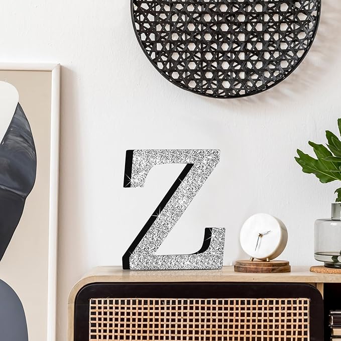 Qunclay 12'' Silver Crystal Diamond Bling Letters Crushed Diamond Decoration Wooden Glitter Letter with Screw and Hooks Rhinestone Gift for Wedding Y2k Mcbling Bedroom Wall Decor (Letter Z)