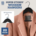 ZOBER Black Wooden Hangers - Heavy Duty, Non Slip Wood Hangers for Coats, Jackets, Suits, & Pants - Coat Hangers for Closet W/Bar and Notches 20 Pack