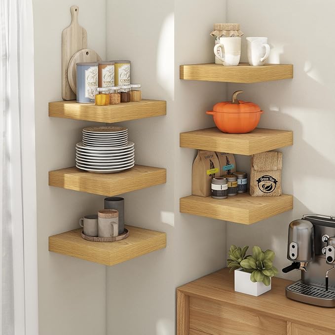 12 Inch Square Floating Shelves for Wall 2 Pack, 12"D Wood Grain Bathroom Shelves with Invisible Brackets, Easy Install Engineered Wood Storage Shelves for Kitchen, Living Room, Bedroom, Oak Finish