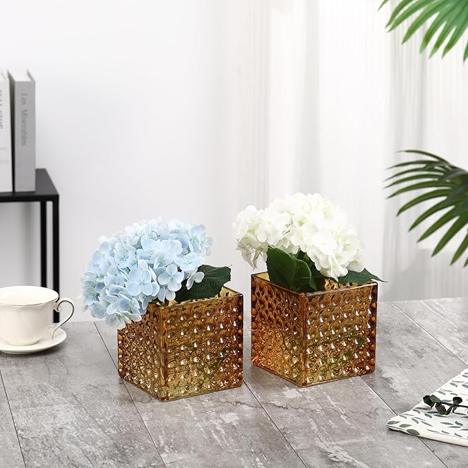 Square Vases Set of 6, 5" x 5" x 5" Square Glass Vases for Flowers, Amber Flower Vase for Centerpieces, Small Bubble Vase for Wedding, Party, Home, Office, Parties, Events