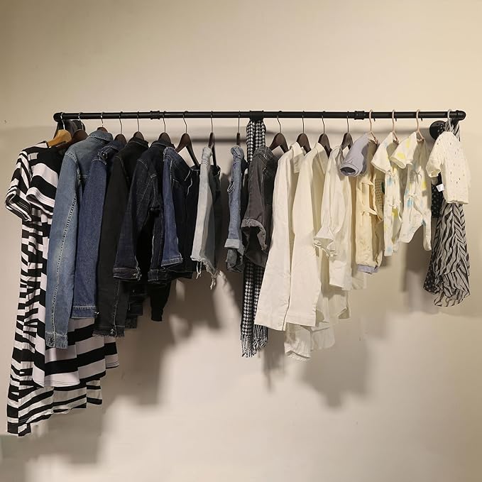 WEBI Clothing Rack Wall Mount,65" Industrial Pipe Clothes Rack for Hanging,Heavy Duty Iron Garment Bar,Retail Display Clothes Rod for Closet,Laundry Room,Black