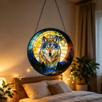 Stained Glass Window Hanging, Stained Glass Suncatcher, Sun Catcher, Window Hanging Decor, Gifts for Fathers Day or Mathers Day, Christmas or Birthday Gift, Gifts for Friend (Wolf W/Moon)