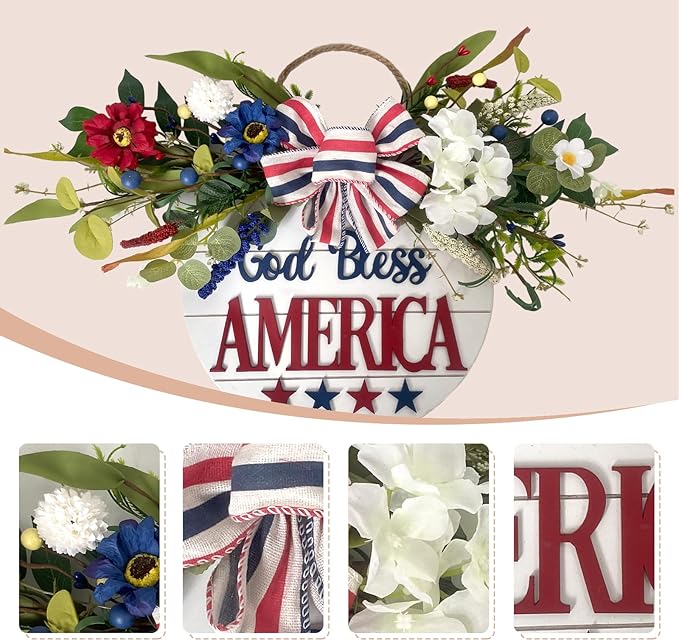Idyllic God Bless America Sign 4th of July Wreath Patriotic Wreath for Front Door, 16" Red White and Blue Flower Wooden Sign for Memorial Day Independence Day Decoration