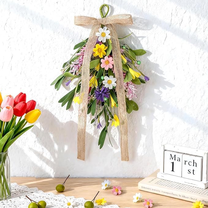 6 PCS Spring Summer Teardrop Swag with Bow Artificial Wildflower Sconce Lighting Swag Wreath Lavender Daisy Wisteria Candlestick Wreath Green Eucalyptus Floral Swag for Wall Cabinet Chandelier Decor