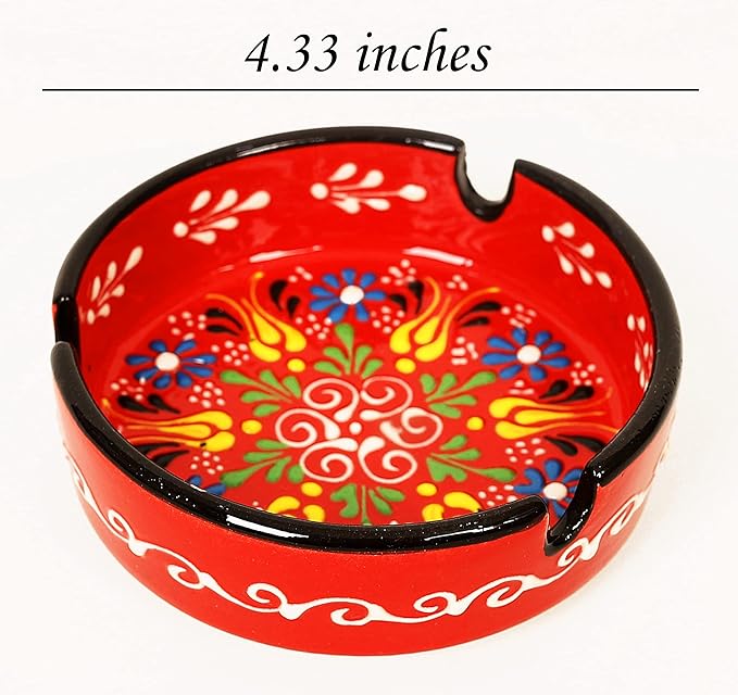 Ashtray Set Cigarette Ash Tray for Indoor Outdoor Use Ash Holder for Smokers Desktop Smoking Ash Tray - Home Office Decoration Hand-Paint Ceramic Cigar Ashtrays (2 pcs Large - Red and Green)
