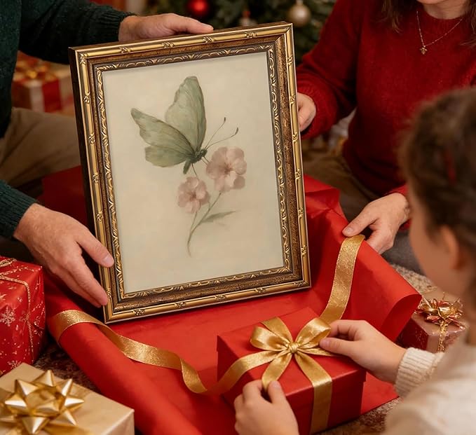 Vintage Gold Framed Wall Art, Retro Butterfly and Pink Flower Oil Painting Canvas Prints, Beige Insect Picture, Rustic Farmhouse Moth Cottagecore Poster Artwork for Living Room Bedroom Bathroom