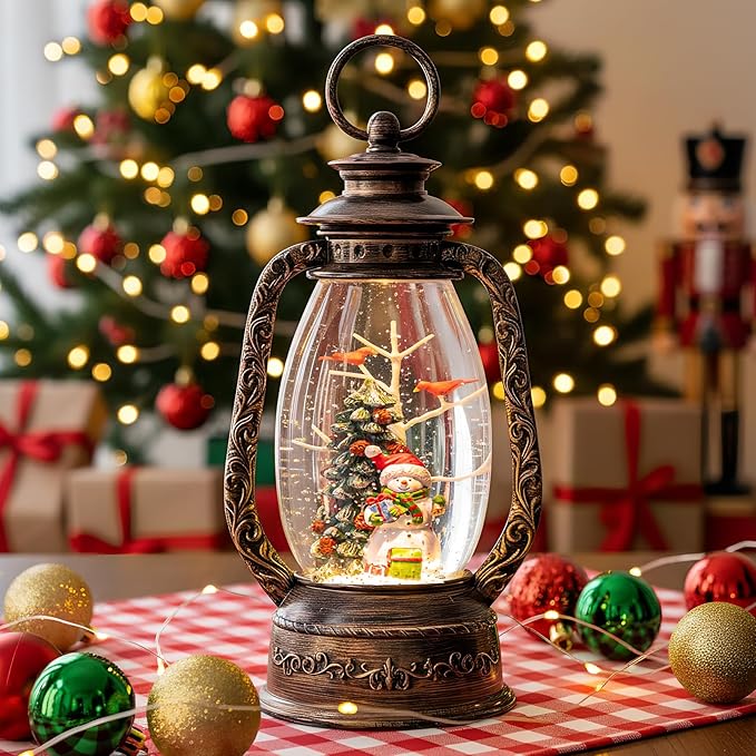 Christmas Snow Globe Lantern Water Glittering Snowman with Christmas Tree, USB Lined/Battery Operated Lighted Lantern for Christmas Festival Decoration Gifts