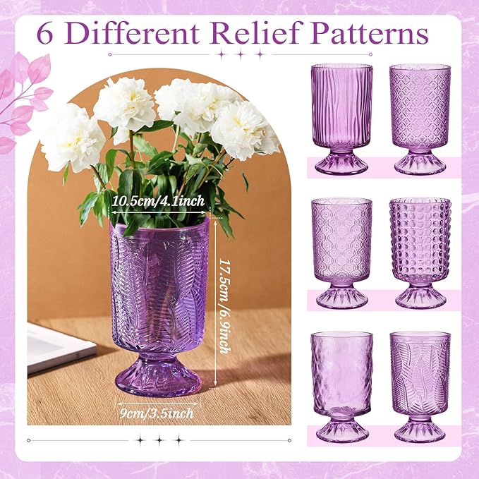 6 Pcs (H:7" W:4") Embossed Flower Vase Pedestal Glass Vase Big Base Thickened Crystal Vintage Vases for Valentines Day Wedding Home Decor Table Centerpiece House Warming Gifts(Purple)