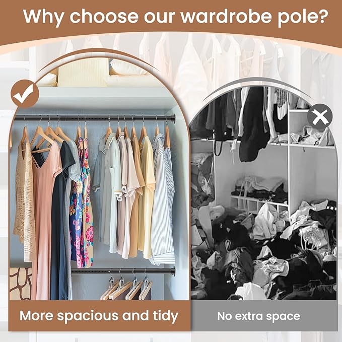 Heavy Duty Closet Rods for Hanging Clothes, Metal Black 1.3 Inch Diameter Closet Rods 17-63 Inch Adjustable Clothes Hanging Bar Shower Curtain Rods for Closet, Wardrobes, Bathrooms, Windows