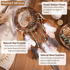Rattan Dream Catchers with Peacock Feather, Boho Wall Decor Rustic Wooden Native American Wall Art for Bedroom Living Room (Pink Brown Mix)