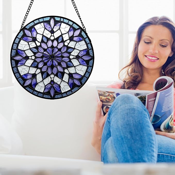 Stained Glass Window Hanging, Purple Blue Tiffany Style Flowers Sun Catcher for Window Door Home Decor Suncatcher Christmas Mother's Day Birthday Gifts for Women Men Mom Nana 6.3 in
