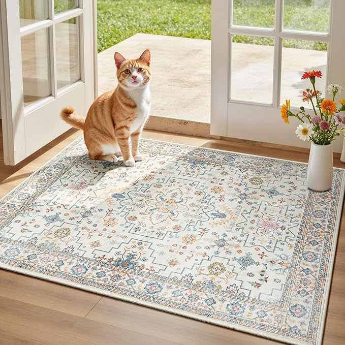Lessymo Washable Rug for Entryway, 2x3 Kitchen Rugs Non Slip Bathroom Rug, Small Door Mat Indoor Entrance Front Door, Stain Resistant Ashen Charcoal Floral Decor, Multi/Ivory