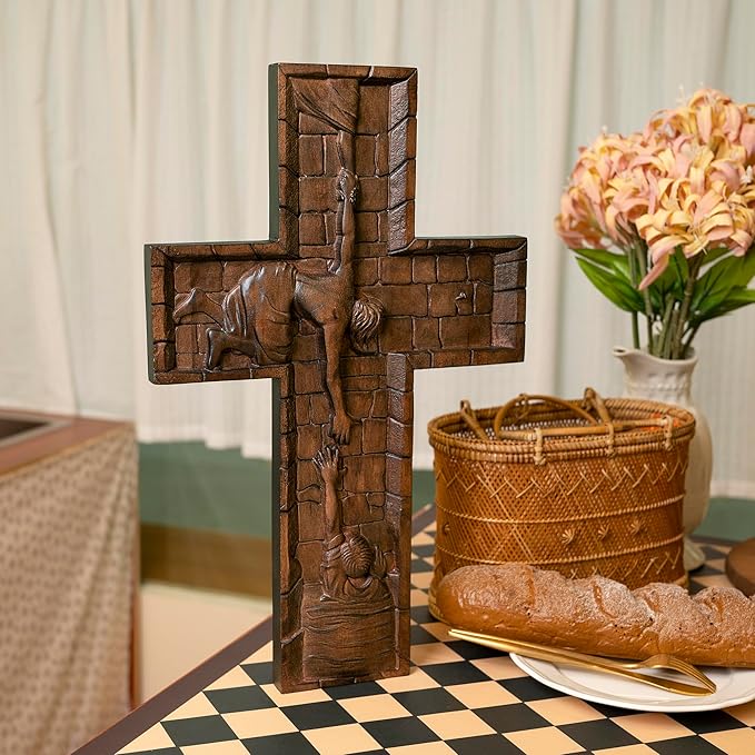 BGCOPPER Crucifix Wall Cross Handmade Wooden Cross with Hook, Christian Wall Art Jesus Wall Cross Gifts for Church Home Room Decor Christmas Cross - 6 Inch
