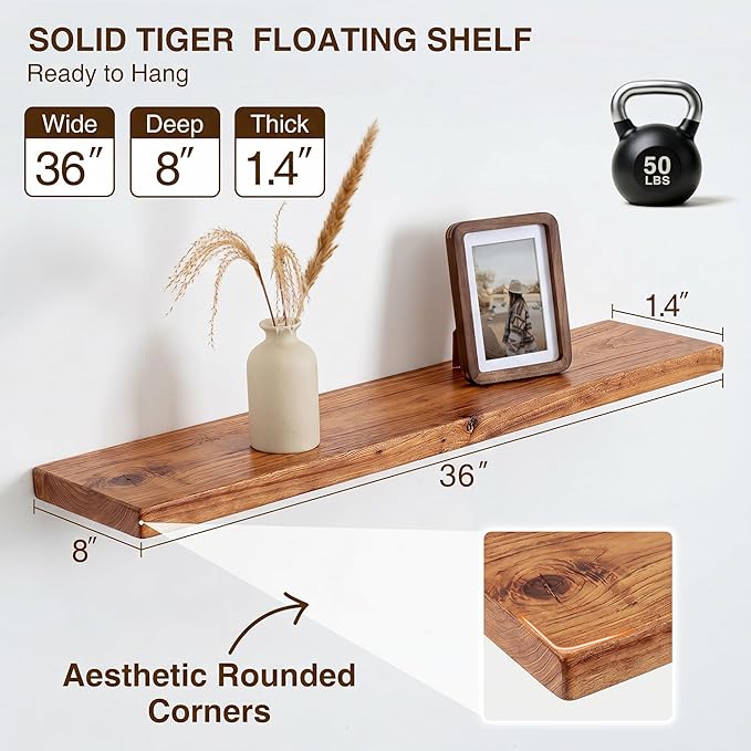 36 Inch Floating Shelves, Solid Wood Wall Shelves, 8 Inch Deep Floating Shelf – for Bathroom, Bedroom, Living Room, Kitchen, Home Decor & Storage, Heavy-Duty Wooden Shelf Wall-Mounted, Set of 2
