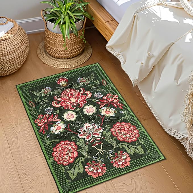 GarveeHome Forest Green Floral 2x3 Door Mat Indoor Rugs for Entryway Small Vintage Boho Cottage Washable Non-Slip Low-Pile Rug for Bedroom Kitchen Bathroom Entrance