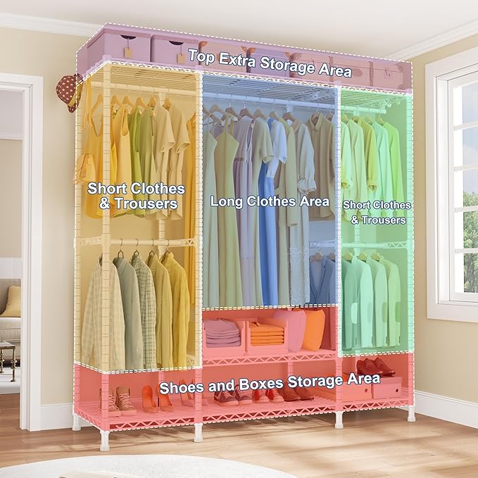 Ulif E3 Heavy Duty Garment Rack, 4 Tiers Freestanding Closet Organizer System with 5 Shelves, Metal Closet Organizer and Storage System for Clothes, Max Load 850lbs, 58.4"W x 15.7"D x 77.3"H, White