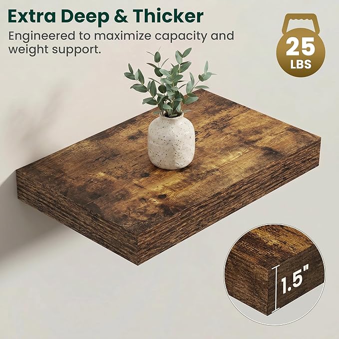 Floating Shelves for Wall 16 in x 9.3 in Deep, Wall Mounted Rustic Wood Shelf with Invisible Brackets for Storage & Display, Living Room Bedroom Bathroom, Brown, 2 Pack
