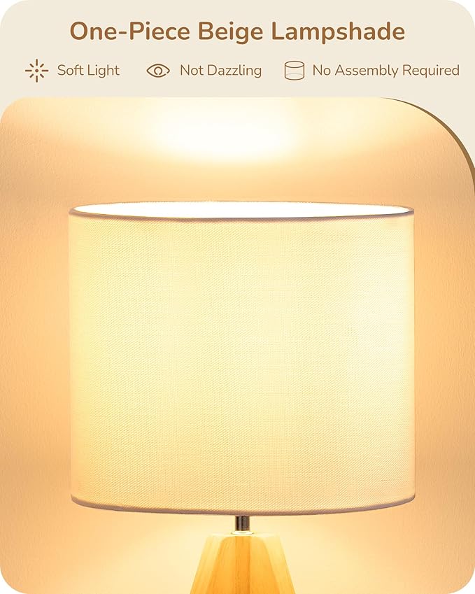 EDISHINE Small Cute Table Lamp, Wood Tripod Nightstand Lamp, Mid Century Bedside Lamp with Linen Fabric Shade for Nursery, Living Room, Bedroom, End Table, UL Listed, 14.2 Inch, ON/Off Switch