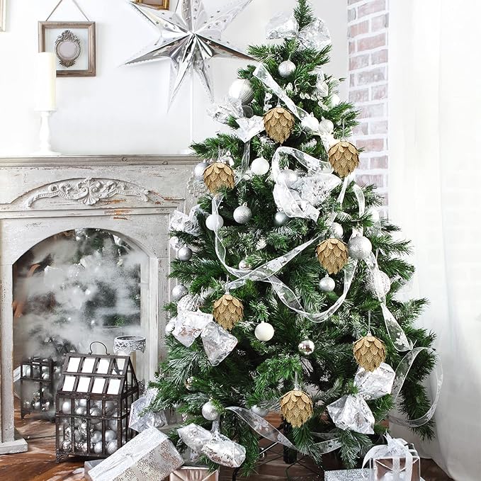 Jetec 8 Pieces Christmas Ornaments Glitter Christmas Tree Hanging Decoration Decorative Artificial Pine Cones Flowers Hanging Ornaments for Winter Wreath Holiday Decor(Gold)