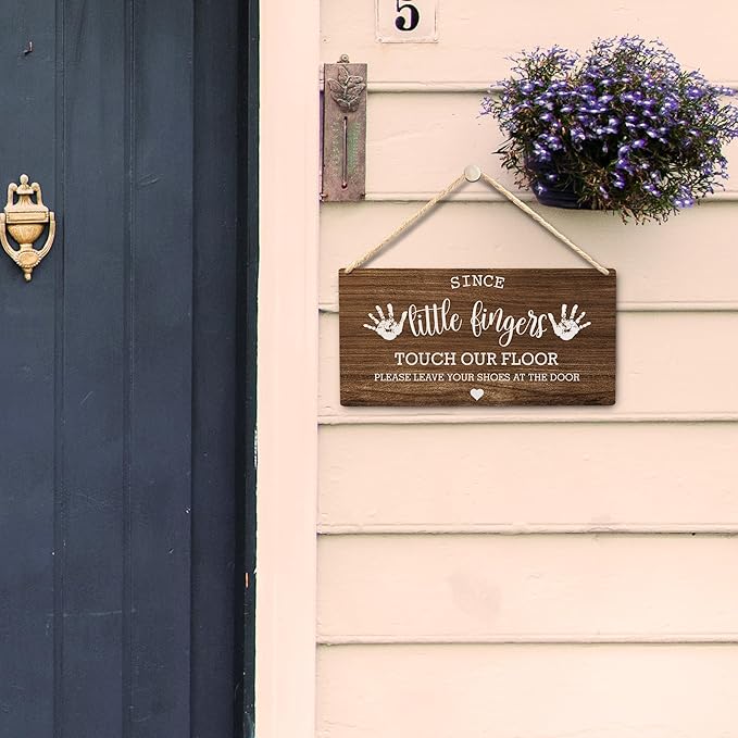 Wall Pediments Shoes Off Sign,Shoes Off Sign for Front Door,Since Little Fingers Touch Our Floor Door Sign,Shoes Off Hanging Welcome Sign for Front Door,10x8 Inches，Wood Grain-5