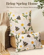 Embroidered Lumbar Pillow Cover 20x12 Inch - Spring Summer Boho Decorative Pillow Cover with Zipper for Living Room Couch Sofa Bed Aesthetic Design Flower Bee Cushion Pillowcase