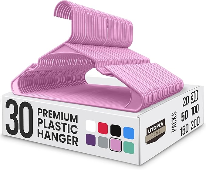 Utopia Home Plastic Hangers 30 Pack - Perfect Space Saving Clothes Hanger - Durable and Strong - Perfect Closet Organizers with Shoulder Grooves (Pink)