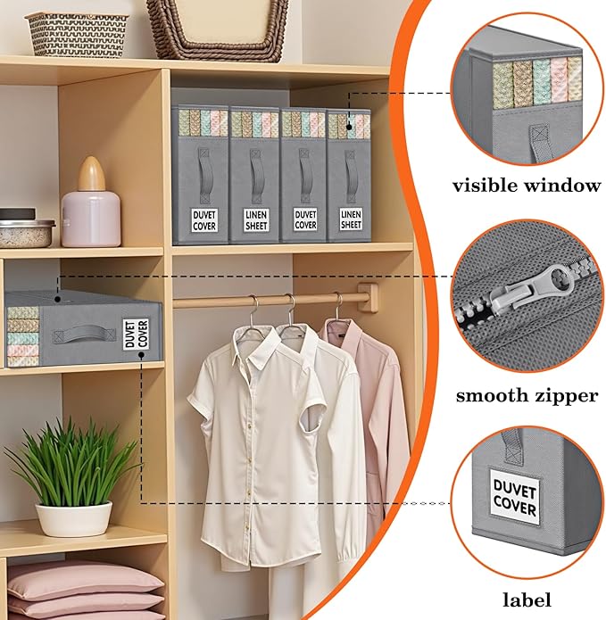 WOWBOX Sheet Organizers and Storage,Closet Bed Sheet Organizer Under Bed Storage and Organization with Label Cards & Clear Window for Bedding Sheets,Duvet Covers,Blankets (8 Pack，Gray)