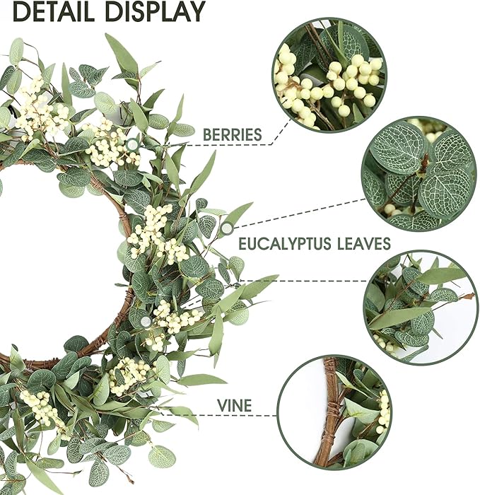 Pinkpum 20'' Eucalyptus Wreath for Front Door, Porch, Window - Green Decor for Home, Farmhouse - Spring, Summer, Fall, All Seasons Fluffy Version