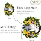 Valery Madelyn 24‘’ Collapsible Pre-lit Spring Summer Lemon Wreath for Front Door, Lighted Yellow Sunflower Wreaths with Hello Sign & Ribbon, Farmhouse Home Porch Wall Kitchen Amalfi Coast Decor