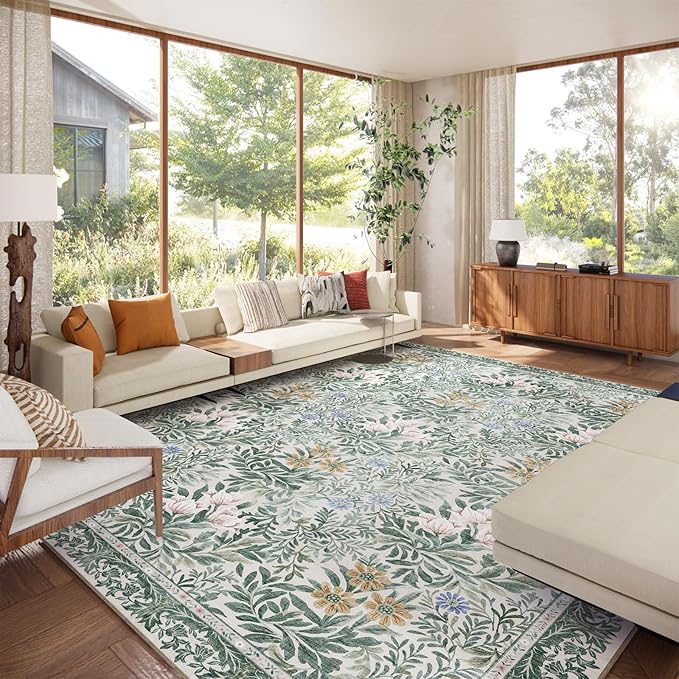 Botanical Floral Area Rug 9x12 Light Green Cream Vintage Garden Design, Perfect for Living Room, Bedroom, Kids Room, Nursery - Stain & Water Resistant Non-Slip, Pet & Child Friendly Area Rugs