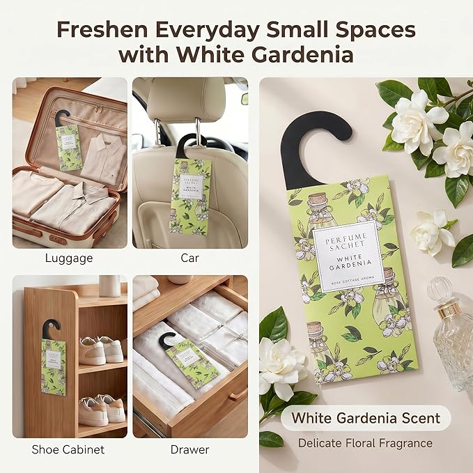 ROSE COTTAGE Large 12 Packs White Gardenia Hanging Closet Deodorizer Air Freshener Long Lasting Scented Sachets Smell Goods for House