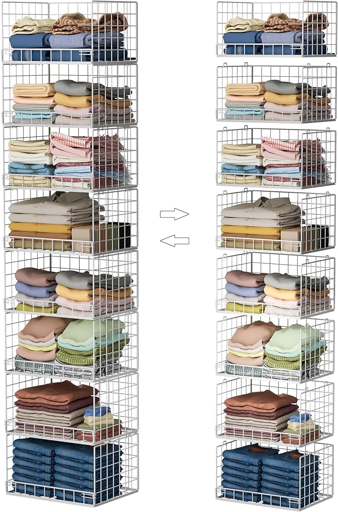 8-Tier Stackable Closet Organizers and Storage Shelves, Foldable Closet Shelf Organizer, Stackable Storage Bins Drawers for Closet Organizer System, White(Patent Pending)