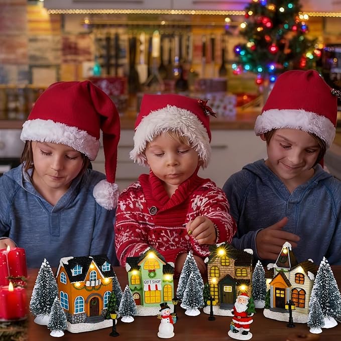 Aneco 19 Pieces Christmas Village Set Resin Christmas Houses with Santa Claus Snowman Figurines, LED Light Lamps, and Pine Trees, Xmas Town Scene Building Ornaments for Winter Home Desktop Decor Gift