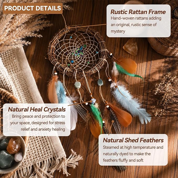 Rattan Dream Catchers with Peacock Feather, Boho Wall Decor Rustic Wooden Native American Wall Art for Bedroom Living Room (Green Blue Mix)