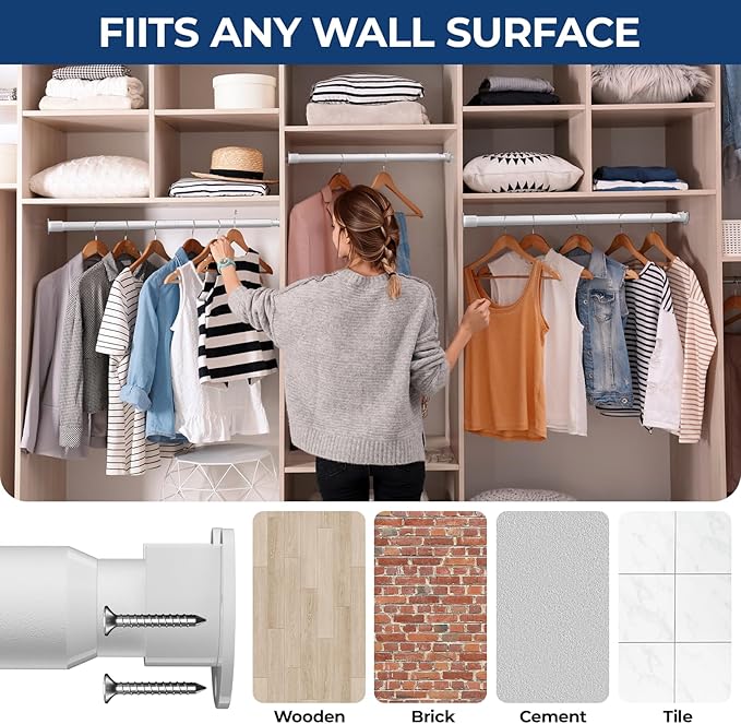 Mavivegue Closet Rod, 17 to 43 Inch Adjustable Closet Rods for Hanging Clothes, White, Hanging Rod for Closet Wardrobes Laundry RV, Bathroom