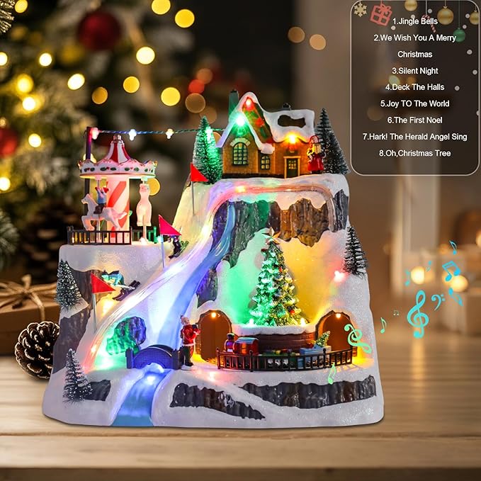 WONDER GARDEN Christmas Village Houses-Christmas Houses Village - Lighted Musical Ski Resort Collectible Buildings with Moving Train, Rotating Tree and Carousel for Indoor Decor or Gift