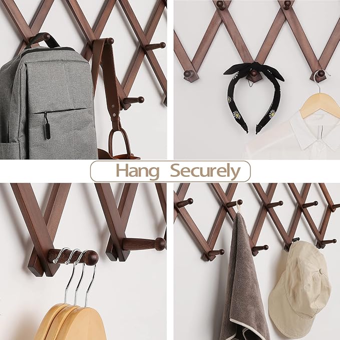 Accordion Wall Hanger with 20 Hooks, Expandable Wall Hat Display Rack, Wooden Wall Hook for Coat, Hats, Baseball Caps, Coffee Mug, Jewelry(Brown)