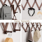 Accordion Wall Hanger with 20 Hooks, Expandable Wall Hat Display Rack, Wooden Wall Hook for Coat, Hats, Baseball Caps, Coffee Mug, Jewelry(Brown)