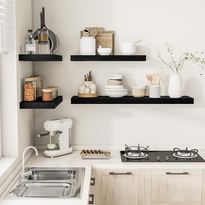 Vivelove 2" Thick Floating Shelves for Wall 55 Inches Long, 12" Deep Wall Shelves, for Bedroom, Bathroom, Living Room, Kitchen, Office, Modern Home Decor, 55" X 12" X 2", Set of 2, Black