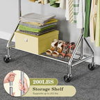 Clothes Rack Load 450 LBS, Heavy Duty Garment Rack, Standing Rolling Metal Hanging Clothes with Sturdy Wheels & Shelves, Silver