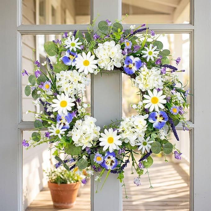 22 Inches Summer Wreaths for Front Door Spring Flower Wreath Farmhouse Spring Floral Wreaths Country Summer Door Wreath with Phalaenopsis Orchid Hydrangea Sunflower for Window Wall Porch Decoration