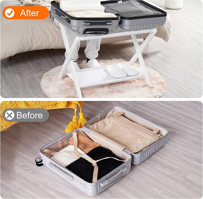Heybly Luggage Rack, Folding Suitcase Stand with Storage Shelf, Heavy-Duty Luggage Holder for Guest Room Bedroom Hotel, Holds up to 165 lb, White, HLR010W1