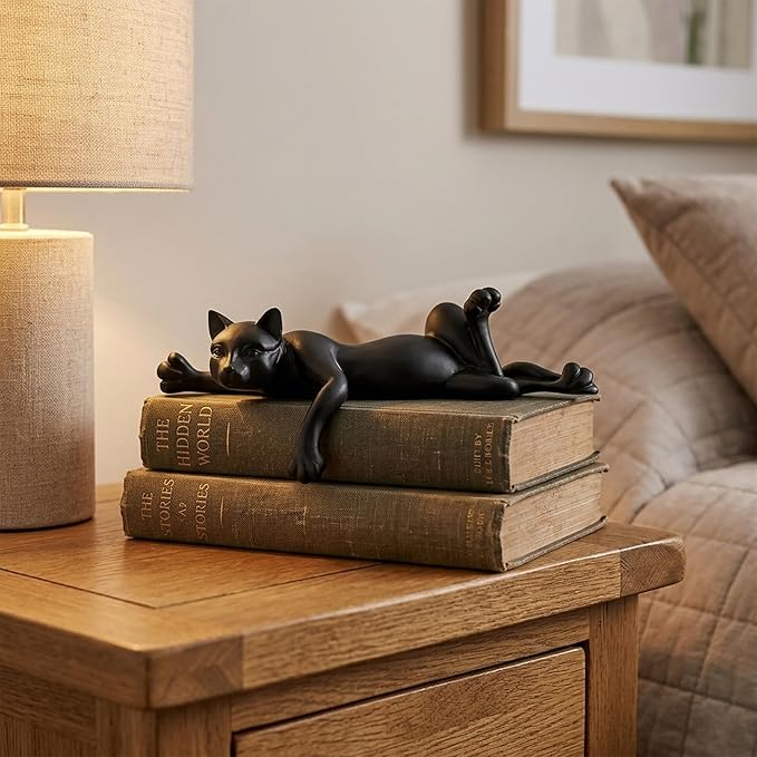 Black Cat Resin Statue - Relaxing Lying Down Pose Cute Sleeping Kitten Black Cat Figurine for Home Decor Minimalist Animal Statues for Bookshelf, Living Room, Bedroom, Office Desk Decor