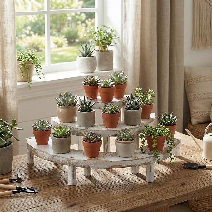 MyGift 3 Tier Wooden Display Riser Stand, Cupcake Stand & Perfume Organizer, Rustic Whitewashed Tiered Display Shelf for Desserts, Nail Polish, Makeup, Plants & Collectibles