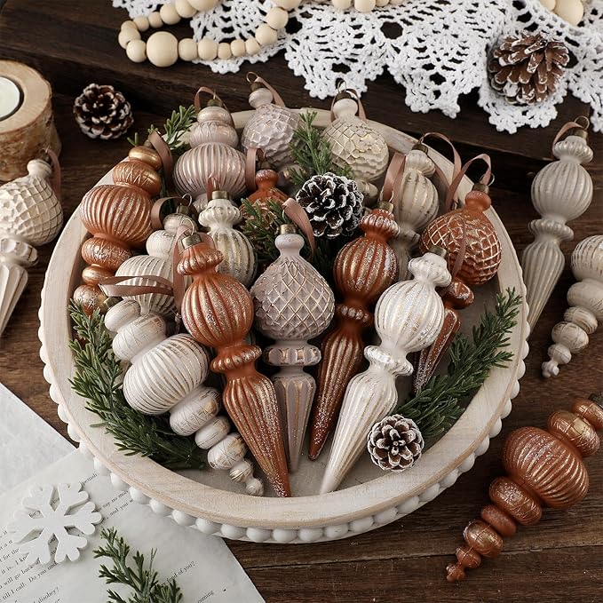 Yunlly 9 Pcs Neutral Christmas Ornaments Textured Christmas Tree Decor with Hanging Loop Modern Brown Hanging Finial Ornaments Shatterproof Home Decor for Xmas Vintage Rustic Farmhouse (Coffee Color)