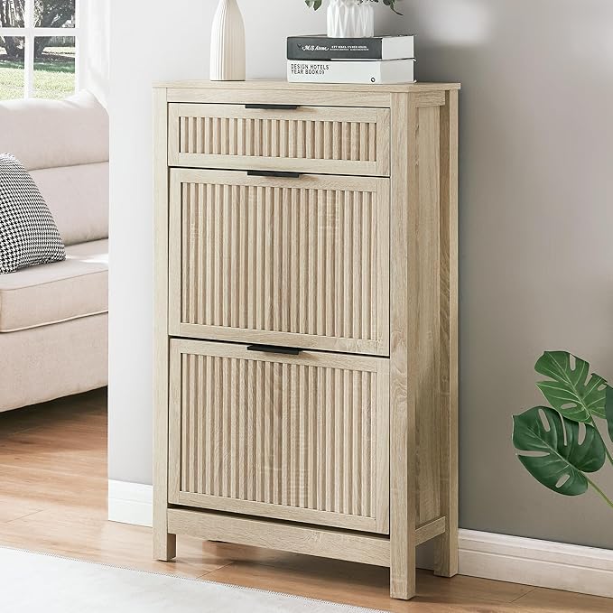 2 Flip Drawers Shoe Cabinet Storage for Entryway, Narrow Shoes Organizer Cabinet for Front Door Entrance, Hidden Wooden Hallway Shoe Rack(Oak)