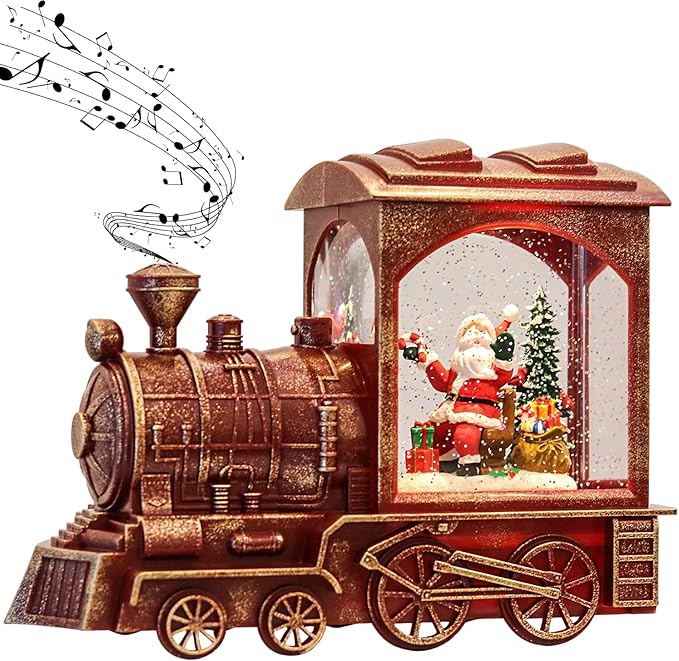 Wondise Lighted Christmas Snow Globes Musical Lantern with Timer, Battery Operated Spinning Water and Swirling Glitter Globes, Train Shape Holiday Christmas Thanksgiving Decoration