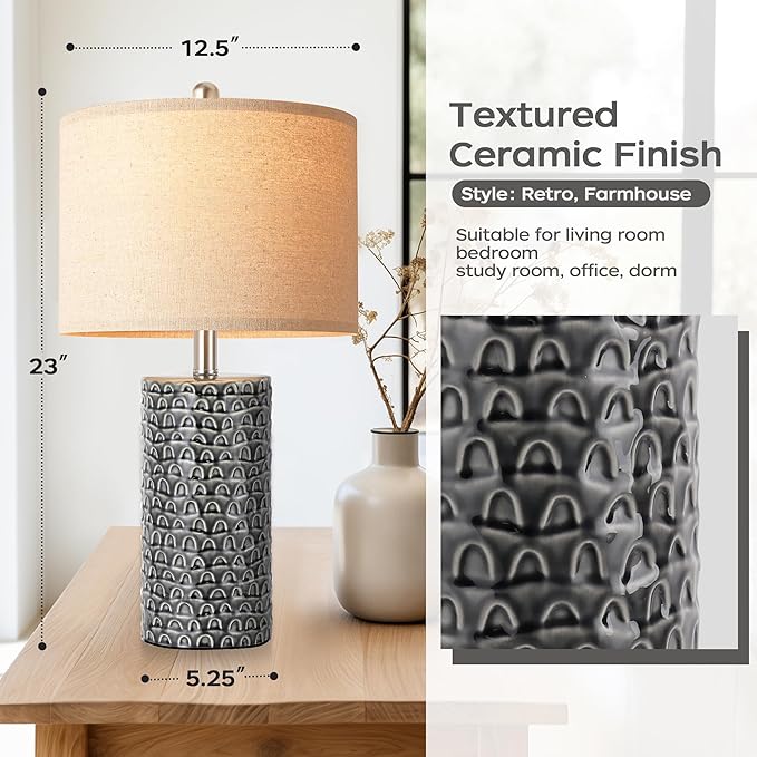 PARTPHONER 23" Modern Ceramic Table Lamp Set of 2, Table Lamps for Living Room, Rustic Farmhouse Bedside Lamps Nightstand lamp for Bedroom, Desk Lamp for End Table Home Decor Black
